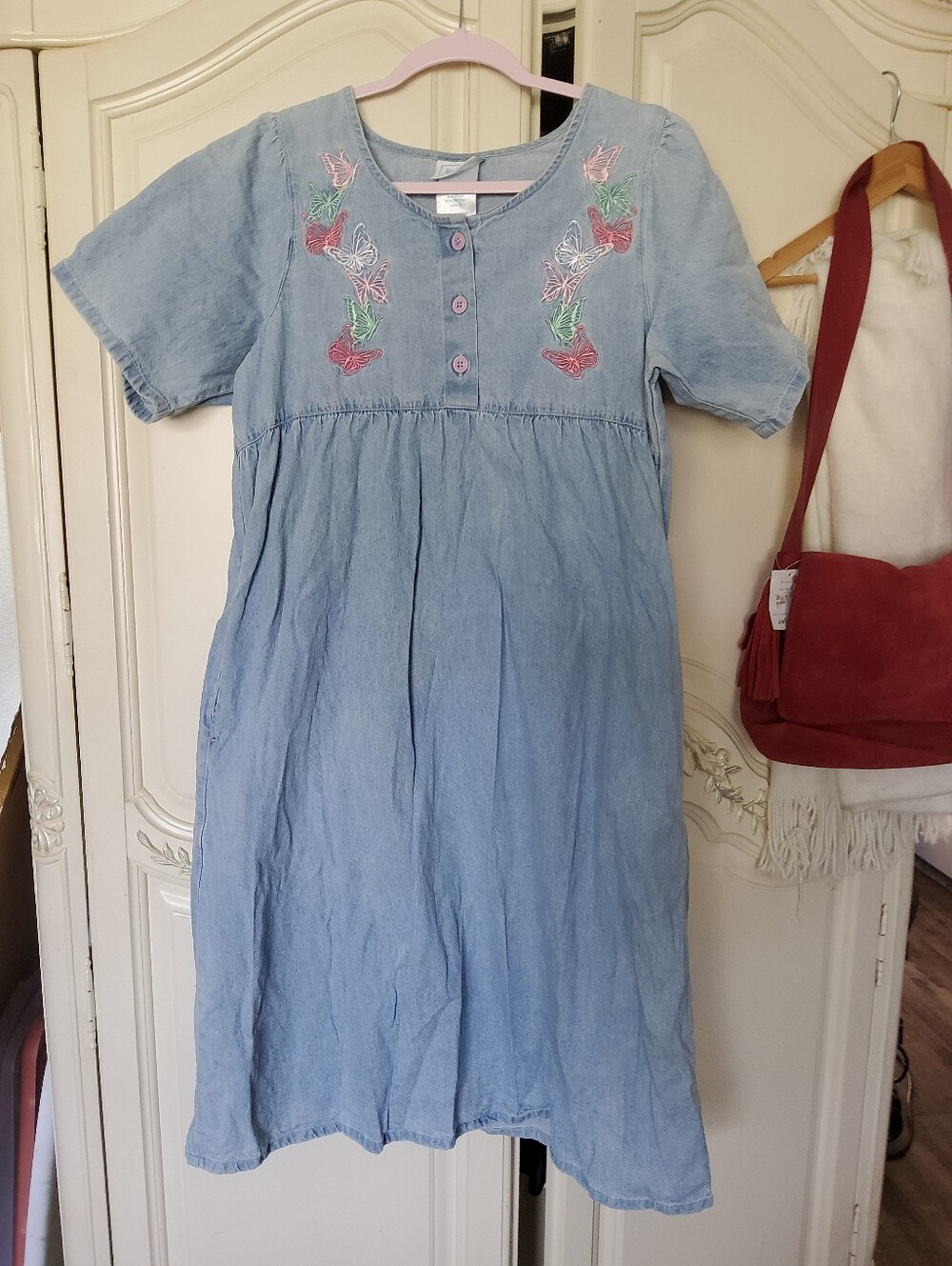 80s/90s Indian Cotton Butterfly Embroidered Chambray Dress